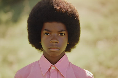 Young african american woman with afro hairstyle and pink shirt looking at cameraの素材