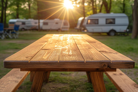 Wooden table in front of camper van in the background.の素材