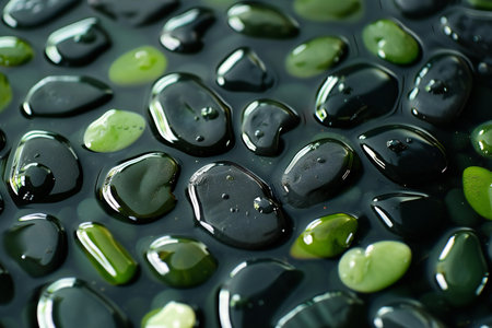 Green and black pebbles on black background, top view.の素材