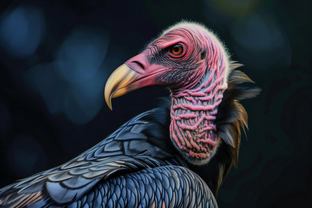 Close up of a vulture head on dark background with copy spaceの素材