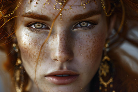 Close-up portrait of a beautiful redhead girl with freckles on her faceの素材