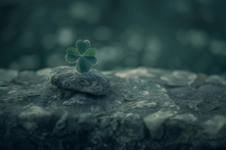 St. Patrick's Day background with four leaf clover on stoneの素材