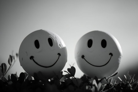 Eggs with smiley faces on the grass in black and whiteの素材