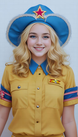 Portrait of a beautiful girl in a military uniform on a white backgroundの素材