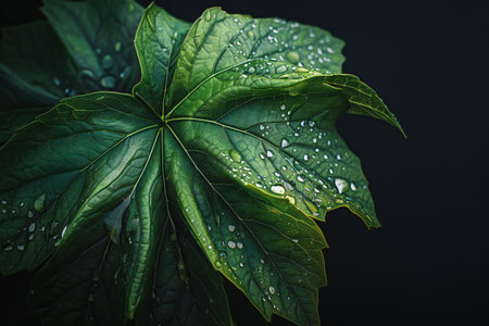 Green leaf with drops of water on a dark background close-upの素材
