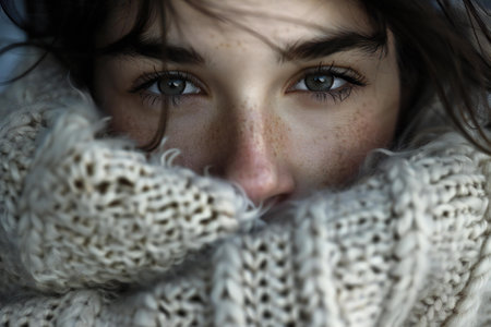 Close-up portrait of a young girl in a knitted scarfの素材