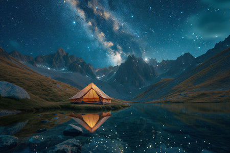 Camping in the mountains at night.の素材