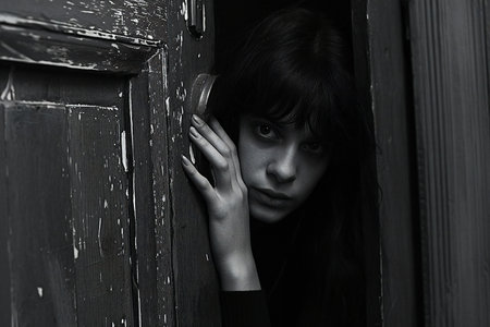 Portrait of a young woman in a dark room. Black and white photo.の素材