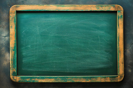 Empty green chalkboard with wooden frame on grunge wall background.の素材