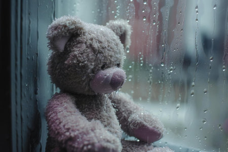 Teddy bear on the background of a window with raindrops.の素材