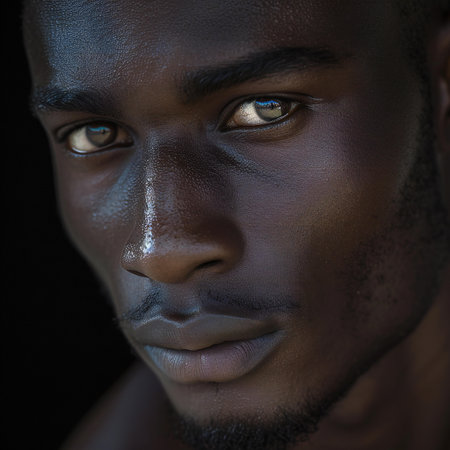 Close-up portrait of a young african man with a black skinの素材