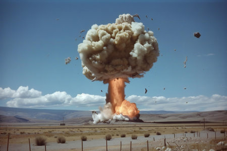 Vintage photo of a huge explosion in the middle of the desertの素材