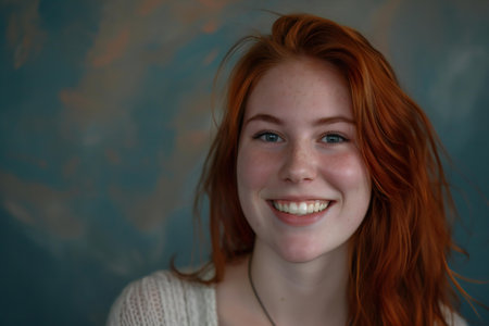 Portrait of a beautiful young redhead woman with freckles on her face.の素材