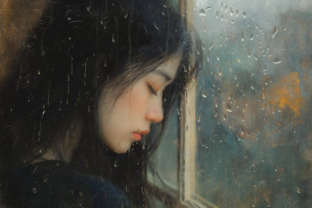 portrait of beautiful asian woman looking through the window in rainy dayの素材
