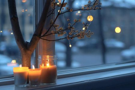 Candles in a glass vase on the windowsill in winterの素材