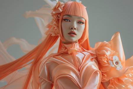 beautiful asian japanese cosplay doll wearing orange costumeの素材