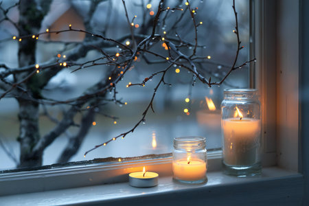 Burning candles in a glass jar on the windowsill in winterの素材