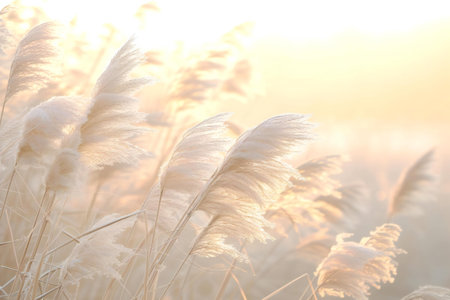 Reed in a foggy morning at sunrise. Landscape.の素材