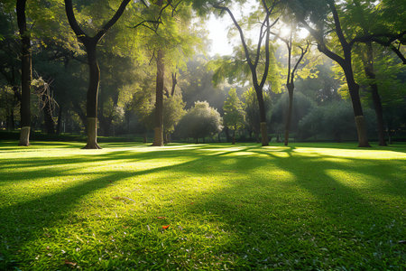 Sunset in the public park with green grass and tree background.の素材