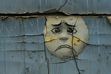 A painted face on a metal surface with peeling paint and cracks.の素材
