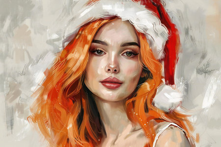 Portrait of a beautiful girl with red hair in a Santa Claus hat.の素材
