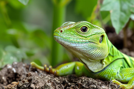 Close up of a green iguana (Lacerta agilis) in natureの素材