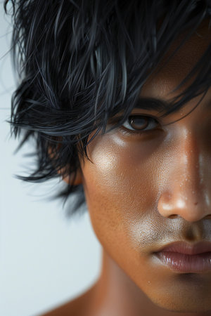 Close-up portrait of a beautiful young woman with short black hairの素材