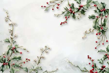 Christmas and New Year background with mistletoe, holly and berriesの素材