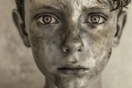 Close up portrait of a boy with dirty face and dirty skin.の素材