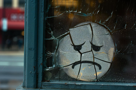Broken glass with a sad face on the street in the cityの素材