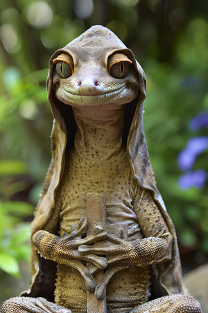 Close up of a lizard statue in the garden. Selective focus.の素材