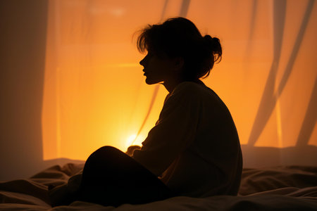 silhouette of a young woman sitting on the bed in the morningの素材