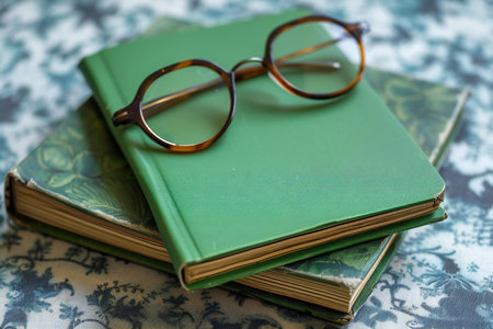 A stack of old books and glasses on the background of a floral patternの素材