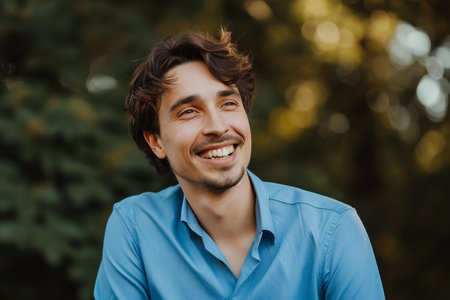 Portrait of a handsome young man in blue shirt smiling and looking at camera.の素材