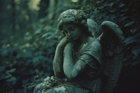 Gothic statue of a little angel in the dark forest.の素材