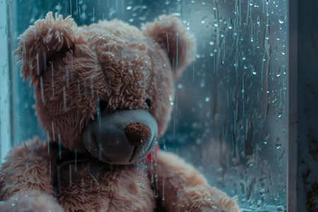 Teddy bear behind the window with rain drops. Rainy day.の素材