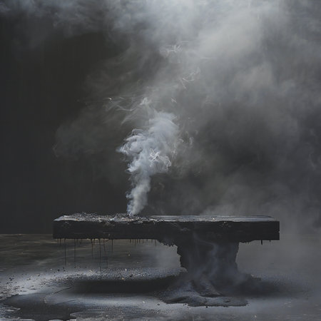 Smoke from the chimney of an old wooden table on a dark backgroundの素材