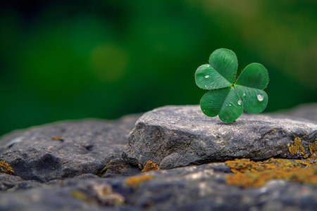 Green clover leaf on stone with green bokeh background.の素材