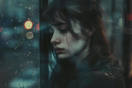 Portrait of a sad young woman looking through the window at the rainの素材