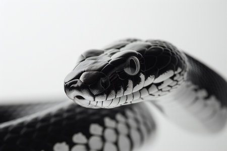 Close-up of a black and white snake on a white backgroundの素材