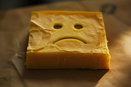 Emoticon face on a piece of cheese, close-upの素材