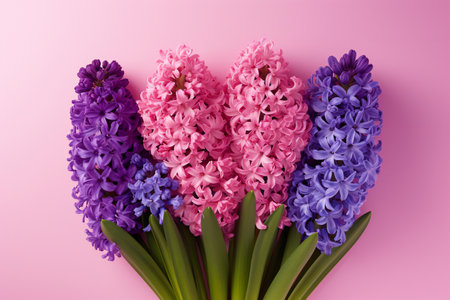 Bouquet of hyacinths on pink background, top viewの素材