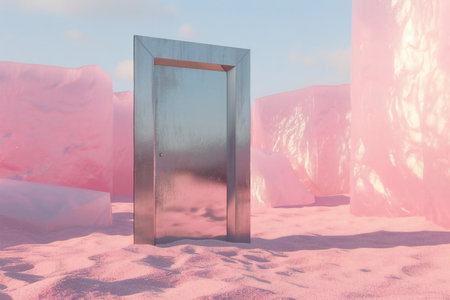 a door in the desert with pink sand and blue skyの素材
