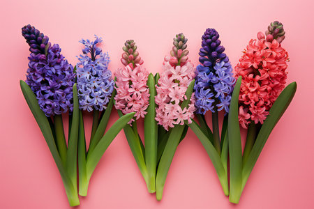 Colorful hyacinths on a pink background, top viewの素材