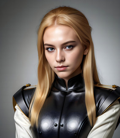 Portrait of a beautiful blonde girl in a black leather costume.の素材