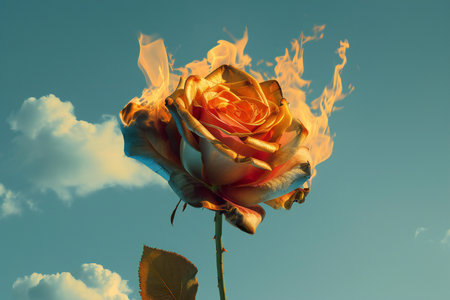 Burning rose flower on blue sky background. Shallow depth of fieldの素材