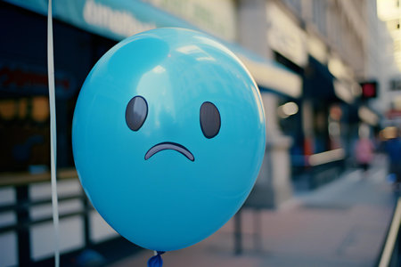 Blue balloon with sad face in the city. Emoticon conceptの素材