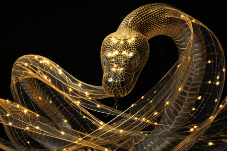 Golden snake with glowing lines on black background.の素材