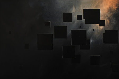 abstract black background with many squares in it and smoke on itの素材