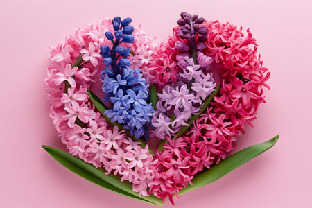 Pink and blue hyacinths in heart shape on pink backgroundの素材
